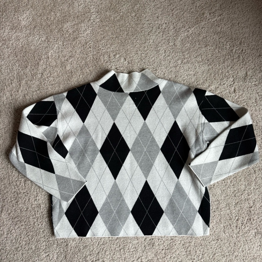 Anthropologie Maeve Cary’s Mock Neck Argyle Pullover Knit Sweater Gray White MED - Picture 9 of 10
